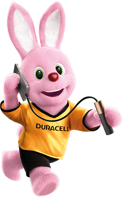 Duracell Pink Bunny on the run powering phone using Powerbank
