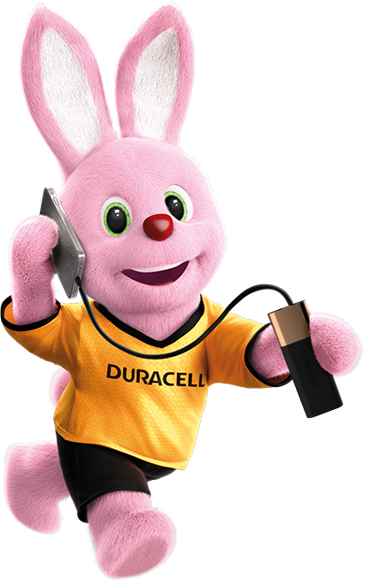 Duracell Pink Bunny on the run powering his mobile phone using Powerbank 20100mAh