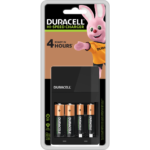 Duracell Hi-Speed Charger includes 2 slots for AA 1300mAh and two for the AAA 750mAh batteries fully charged after 4 hours