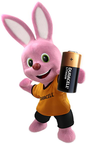 Bunny holding Duracell High Power Lithium 123 size Battery