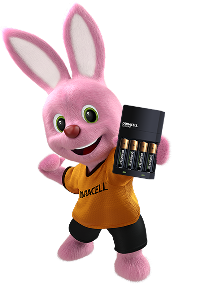 Bunny holding battery charger with four batteries inside