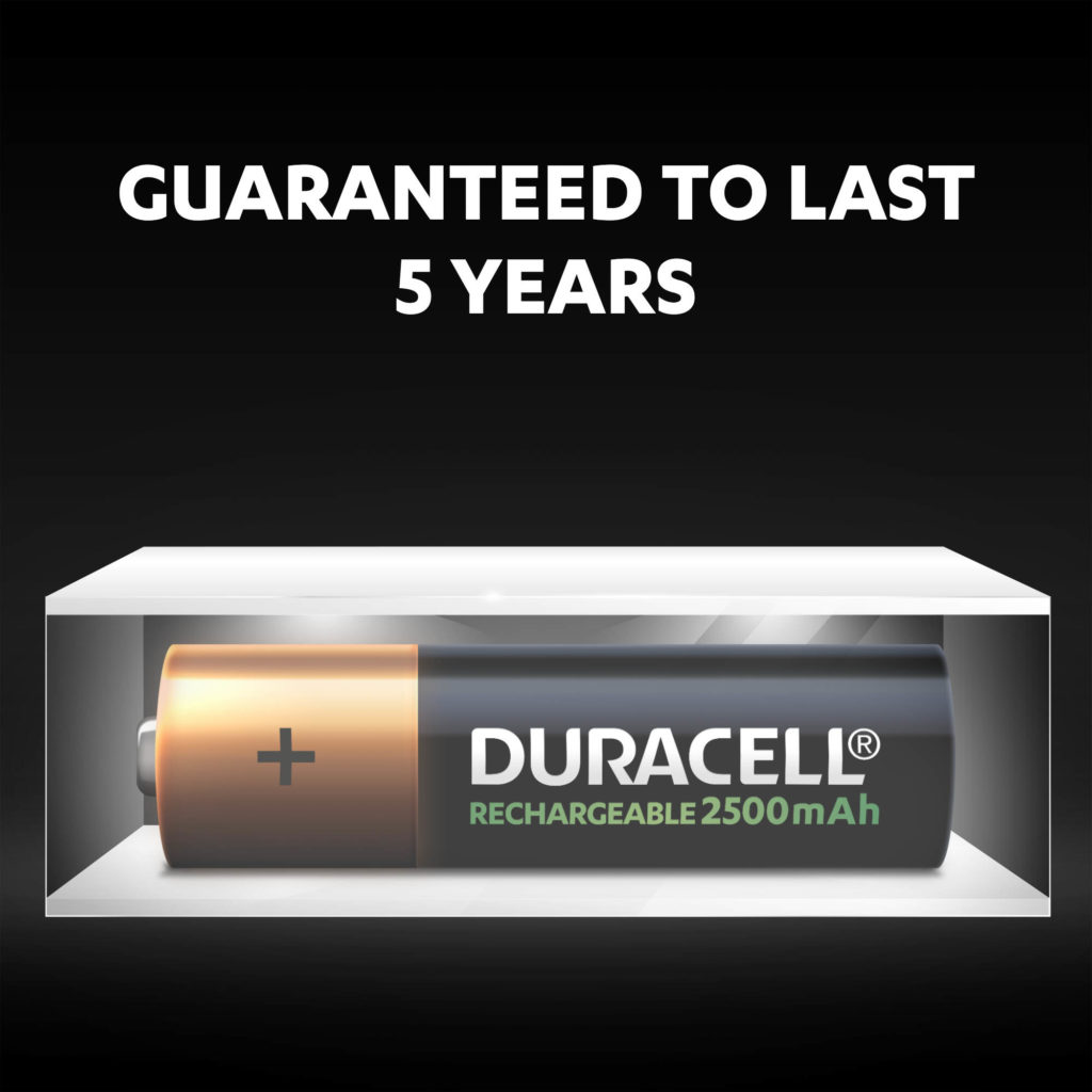 Unused Duracell Rechargeable AA 2500 mAh batteries fresh and powered for up to 5 years in ambient storage